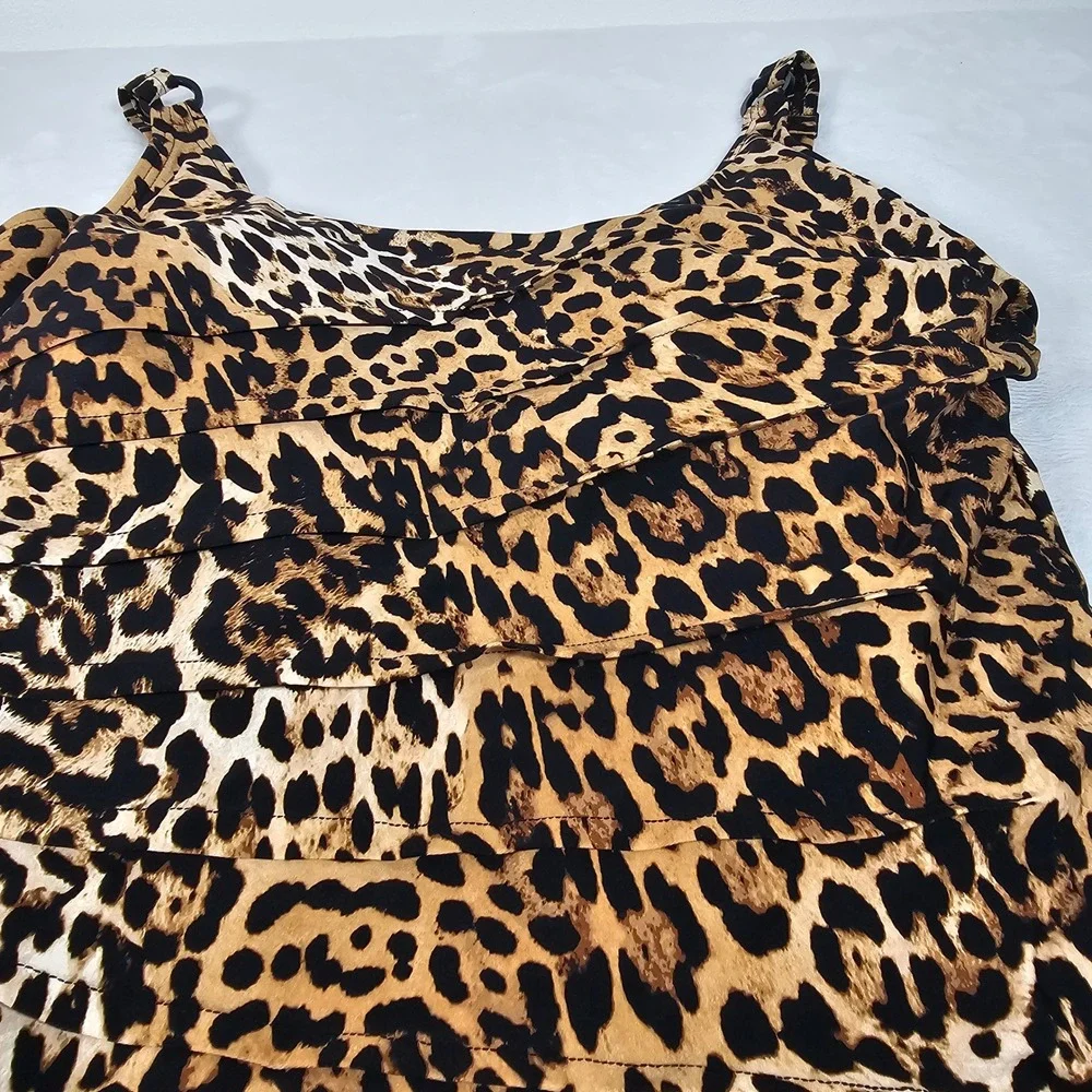 DKNY Leopard Print One Piece Swimsuit Womens Tiered Ruffle Brown XL - Picture 2 of 5